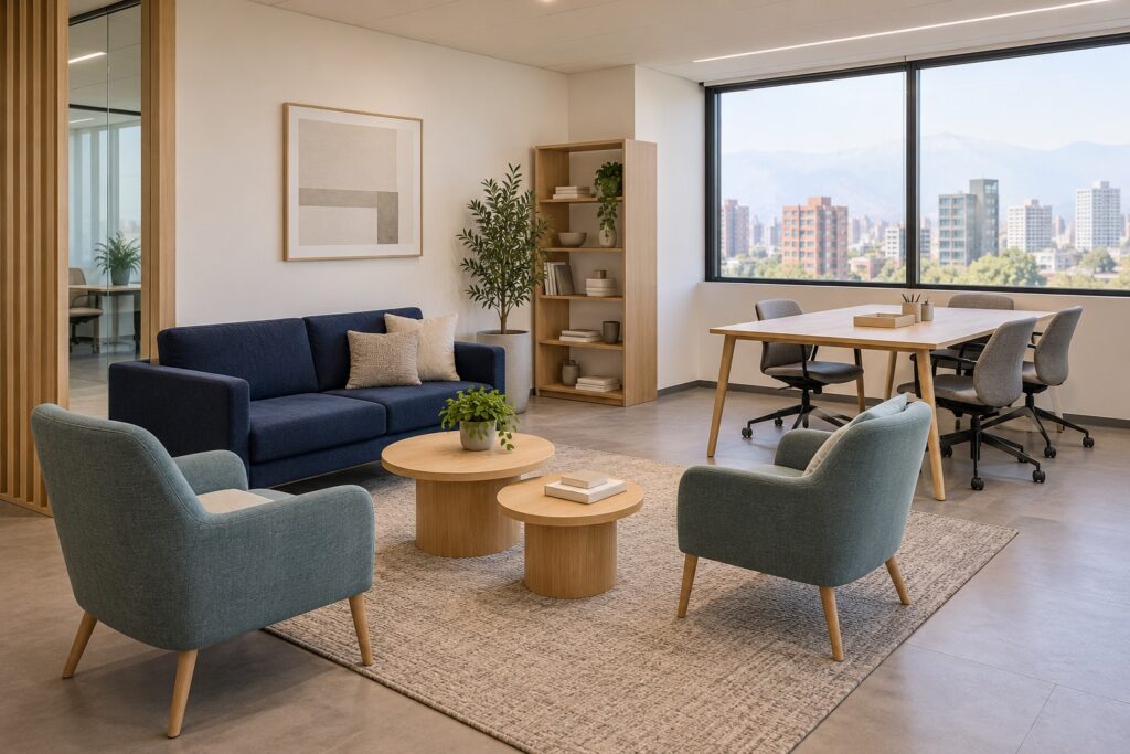 Visualización conceptual de zona de encuentro y coworking con sillones y mesas compartidas